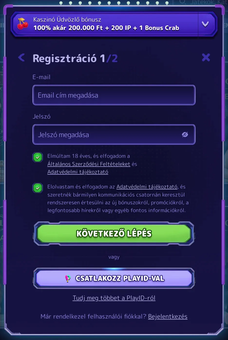 Regisztrációs űrlap az Alfcasino